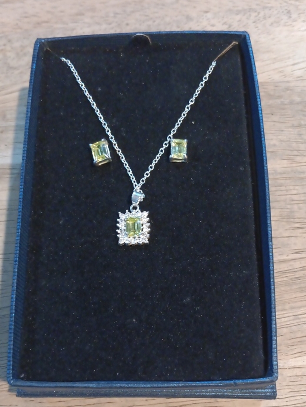 Silver Toned Necklace and Stud Earring Set with Light Green Gemstones